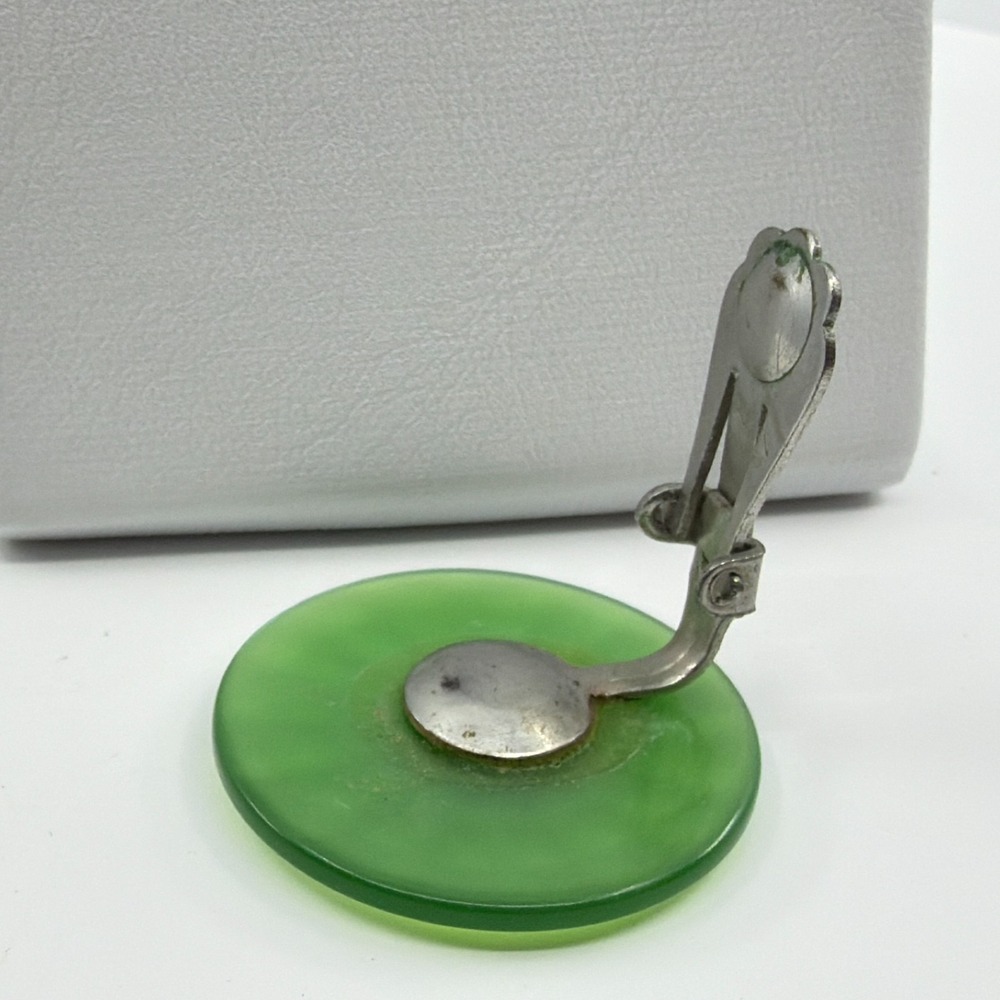 Y2K Vintage Green Glass Disc Clip-On Earrings - Retro Geometric Statement - Picture 9 of 11